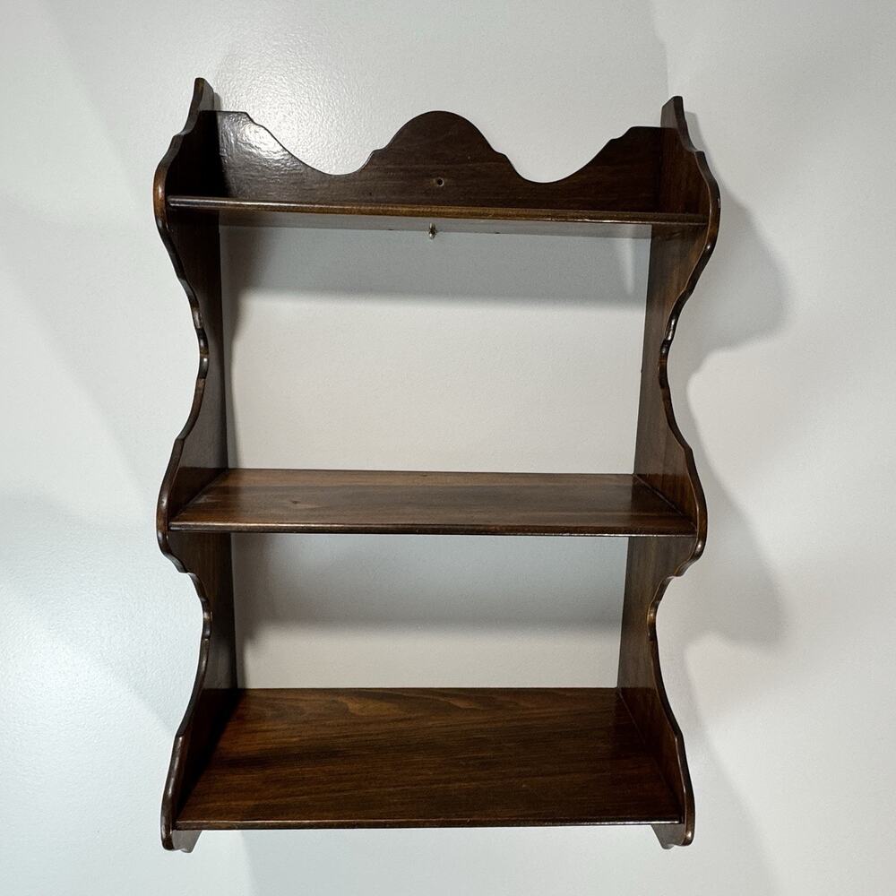 Vintage Wood Wall Shelf 3 Tier Display With Plate Groove Dark Wood 15x25"
